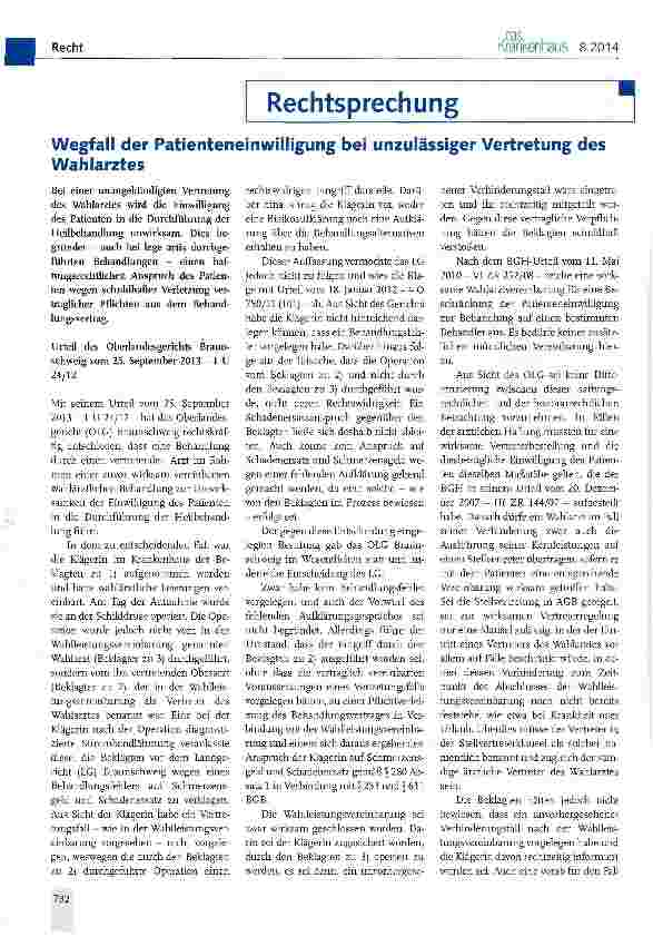 Vorschauseite 1: Wegfall der Patienteneinwilligung bei unzulässiger Vertretung des Wahlarztes