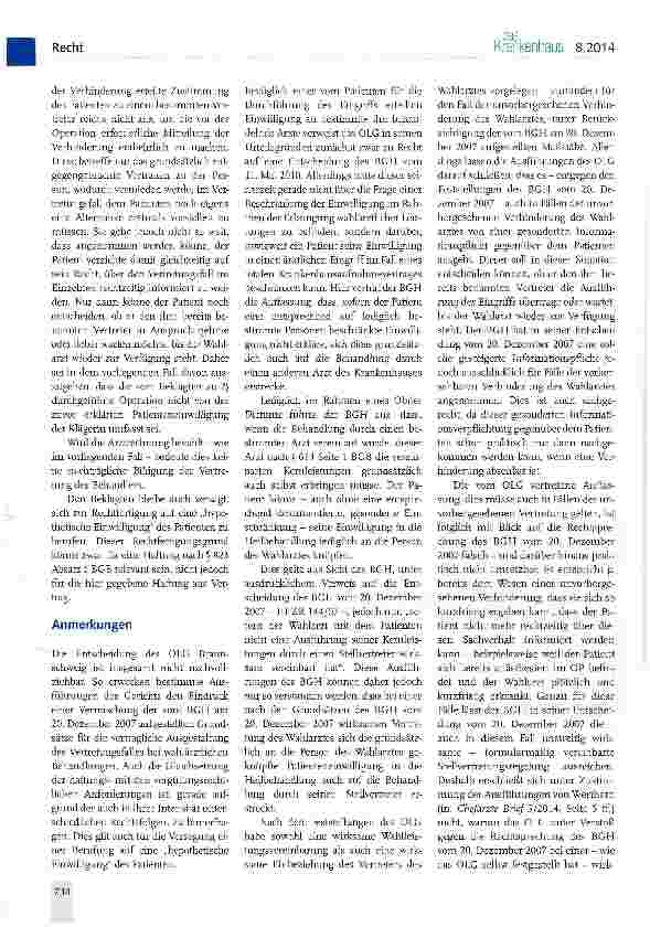 Vorschauseite 2: Wegfall der Patienteneinwilligung bei unzulässiger Vertretung des Wahlarztes