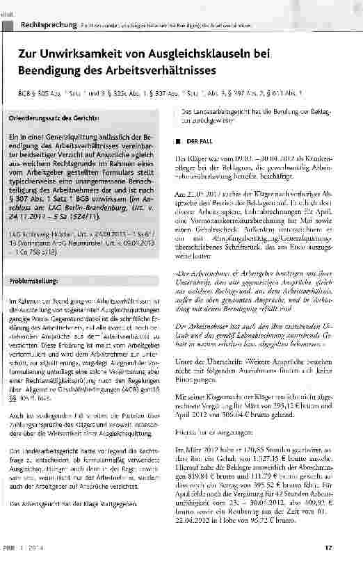 Vorschauseite 1: Zur Unwirksamkeit von Ausgleichsklauseln bei Beendigung des Arbeitsverhältnisses