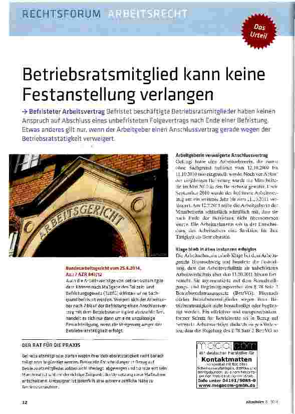 Vorschauseite 1: Betriebsratsmitglied kann keine Festanstellung verlangen