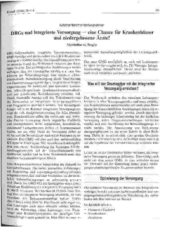 Vorschauseite 1: DRGs und integrierte Versorgung - eine Chance für Krankenhäuser und niedergelassene Ärzte?