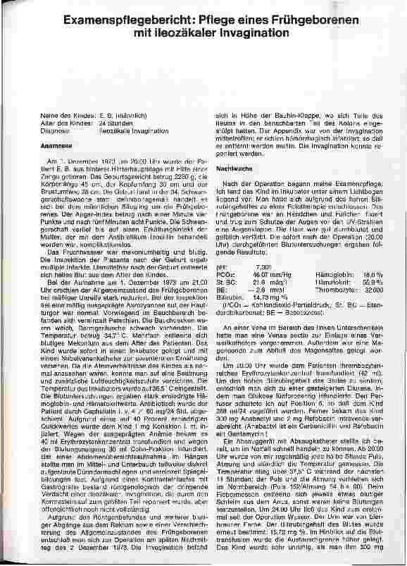 Vorschauseite 1: Examenspflegebericht: Pflege eines Frühgeborenen mit ileozäkaler Invagination