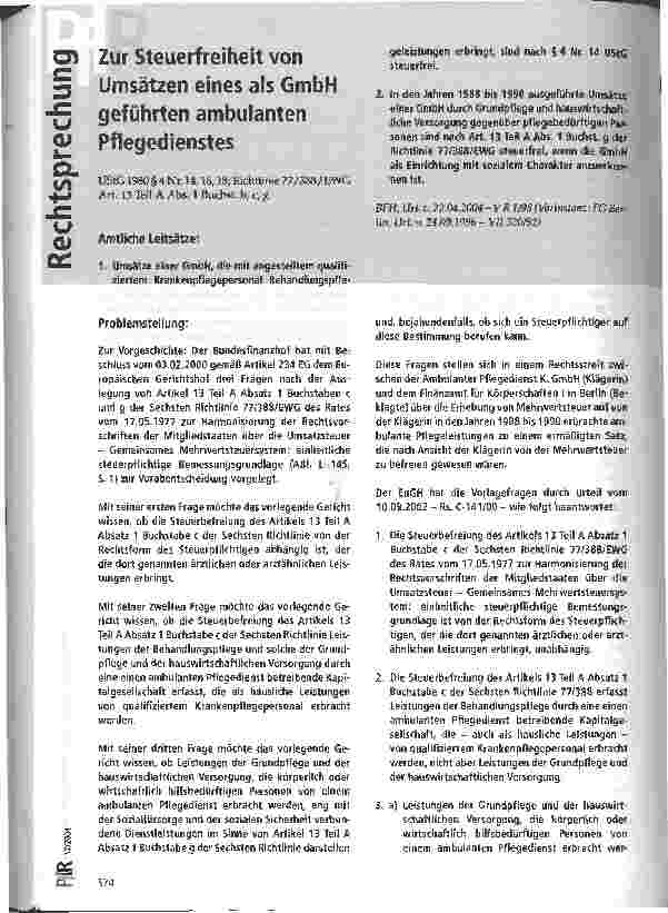 Vorschauseite 1: Zur Steuerfreiheit von Umsärtzen eines als GmbH geführten ambulanten Pflegedienstes