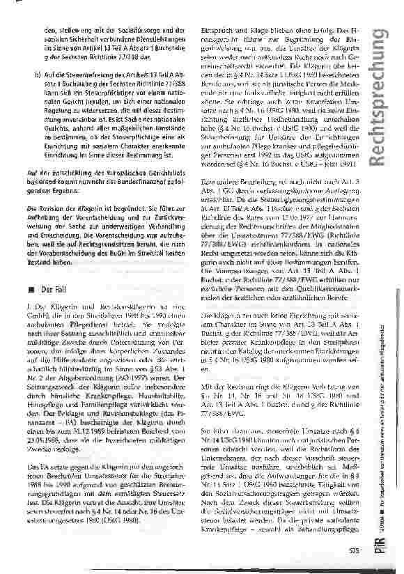 Vorschauseite 2: Zur Steuerfreiheit von Umsärtzen eines als GmbH geführten ambulanten Pflegedienstes