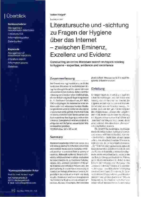 Vorschauseite 1: Literatursuche und -Sichtung zu Fragen der Hygiene über das Internet -zwischen Eminenz, Exzellenz und Evidenz