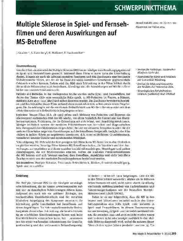 Vorschauseite 1: Multiple Sklerose in Spielund Fernsehfilmen und deren Auswirkungen auf MS-Betroffene