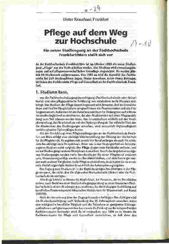 Vorschauseite 1: Pflege auf dem Weg zur Hochschule Ein neuer Studiengang an der Fachhochschule Frankfurt/Main stellt sich vor