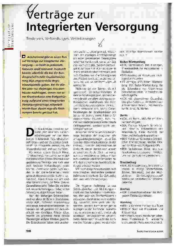 Vorschauseite 1: Verträge zur Integrierten VersorgungTendenzen, Verhandlungen, Vereinbarungen