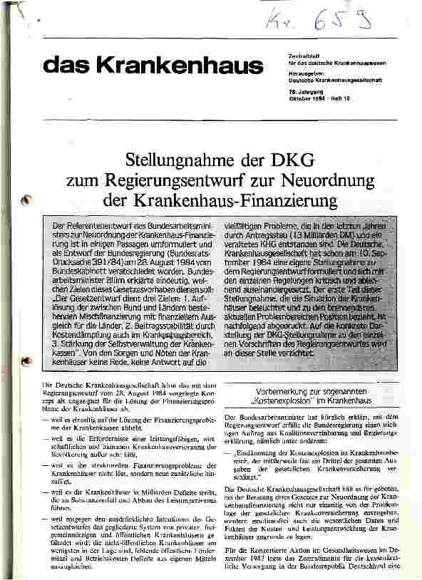 Vorschauseite 1: Stellungsnahme der DKG zum Regierungsentwurf zur Neuordnung der Krankenhausfinanzierung