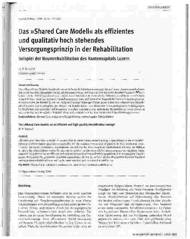 Vorschauseite 1: Das Shared Care Modell als effizientes und qualitativ hoch stehendes Versorgungsprinzip in der RehabilitationBeispiel der Neurorehabilitation des Kantonsspitals Luzern