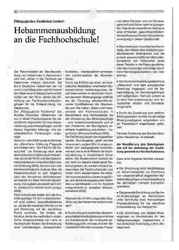 Vorschauseite 1: Hebammenausbildung an die Fachhochschule!