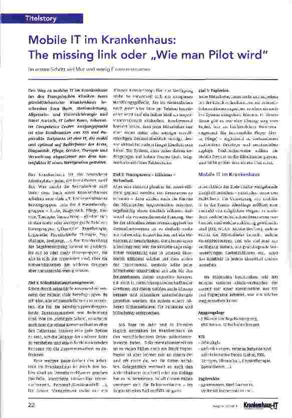 Vorschauseite 1: Mobile IT im Krankenhaus: The missing link oder „Wie man Pilot wird