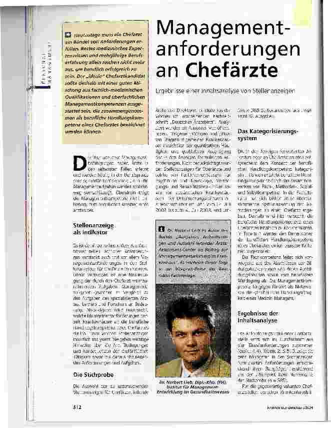 Vorschauseite 1: Managementanforderungen an ChefärzteErgebnisse einer Inhaltsanalyse von Stellenanzeigen