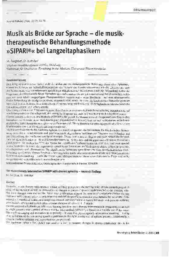 Vorschauseite 1: Musik als Brücke zur Sprache - die musiktherapeutische Behandlungsmethode SIPARI® bei Langzeitaphasikern