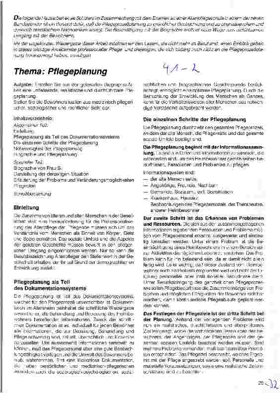 Vorschauseite 1: Thema: Pflegeplanung Hausarbeit