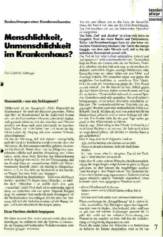 Vorschauseite 1: Menschlichkeit, Unmenschlichkeit im Krankenhaus?