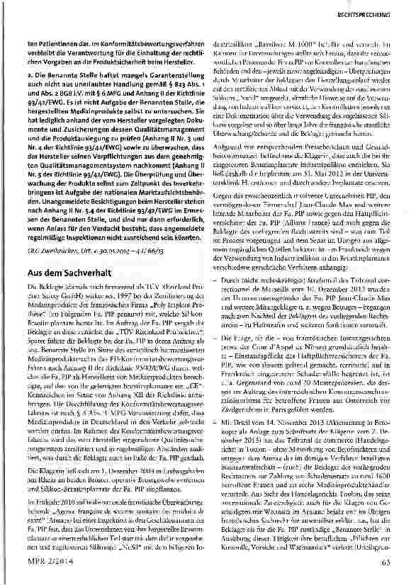 Vorschauseite 2: Keine Haftung der Benannten Stelle für fehlerhafte Silikonbrustimplantate 93/42/EWG- Richtlinie; Artt.27 Abs. 2,40 Abs. 15. 2 EGBGB, §§ 832 Abs. 1 und 2, 280, 253 BGB