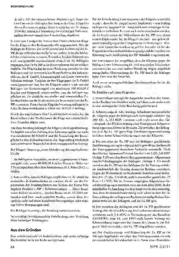 Vorschauseite 3: Keine Haftung der Benannten Stelle für fehlerhafte Silikonbrustimplantate 93/42/EWG- Richtlinie; Artt.27 Abs. 2,40 Abs. 15. 2 EGBGB, §§ 832 Abs. 1 und 2, 280, 253 BGB
