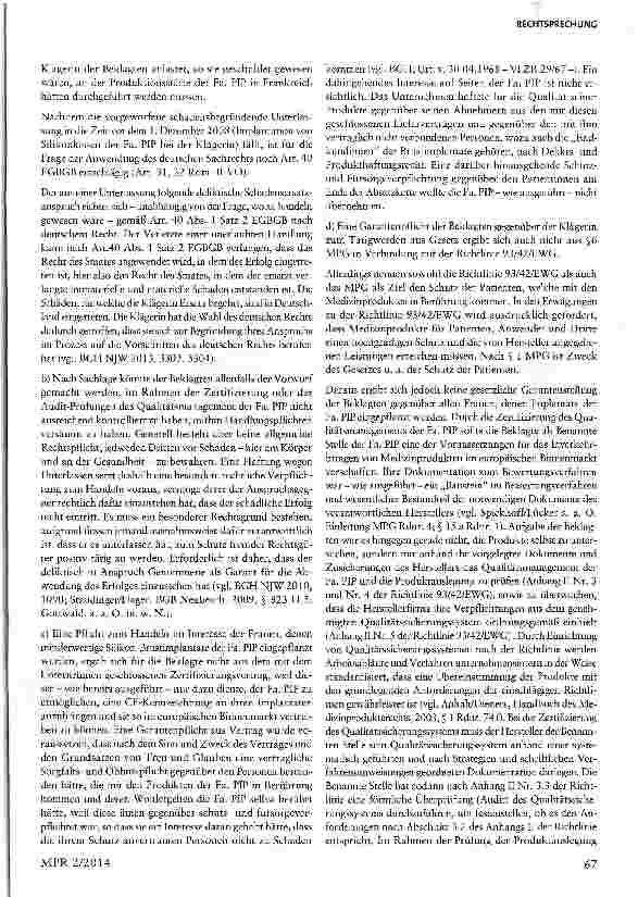 Vorschauseite 6: Keine Haftung der Benannten Stelle für fehlerhafte Silikonbrustimplantate 93/42/EWG- Richtlinie; Artt.27 Abs. 2,40 Abs. 15. 2 EGBGB, §§ 832 Abs. 1 und 2, 280, 253 BGB
