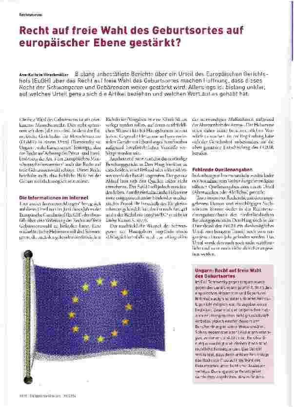 Vorschauseite 1: Recht auf freie Wahl des Geburtsortes auf europäischer Ebene gestärkt?