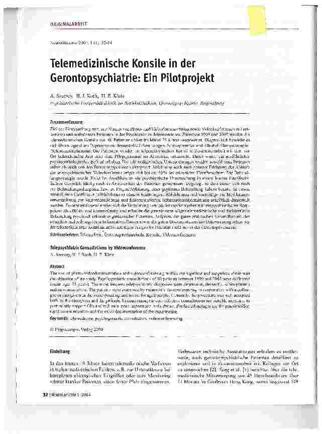 Vorschauseite 1: Telemedizinische Konsile in der Gerontopsychiatrie: Ein Pilotprojekt