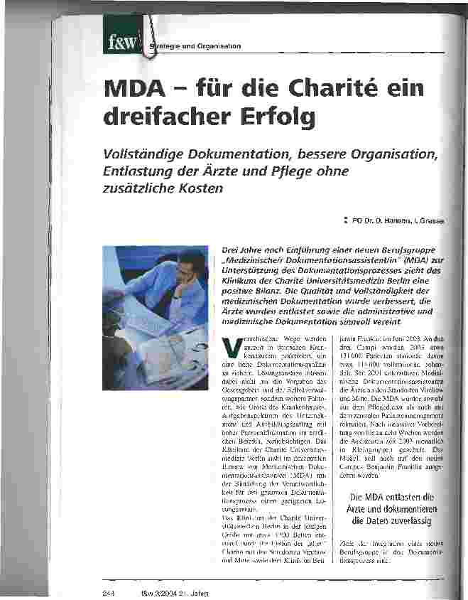 Vorschauseite 1: MDA - für die Charite ein dreifacher Erfolg. Vollständige Dokumentation, bessere Organisation, Entlastung der Ärzte und Pflege ohne zusätzliche Kosten.