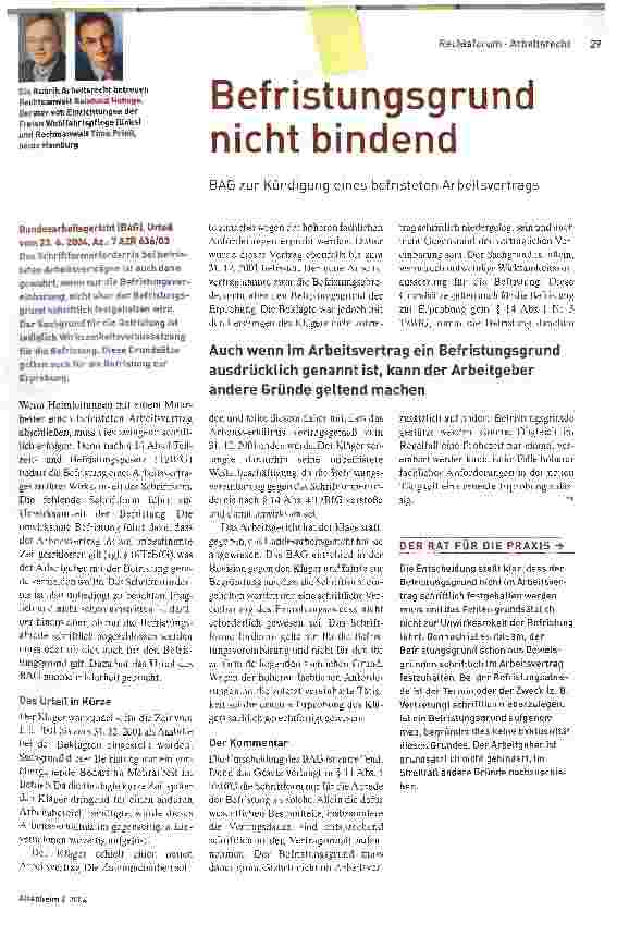Vorschauseite 1: Befristungsgrund nicht bindendBAG zur Kündigung eines befristeten Arbeitsvertrags