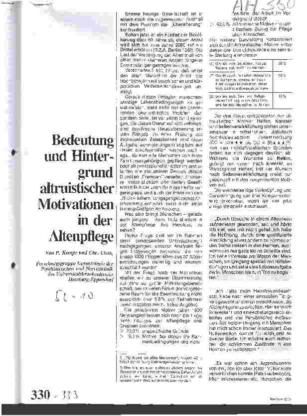 Vorschauseite 1: Bedeutung und Hintergrund altruistischer Motivationen in der Altenpflege / Forschungsgruppe Gerontologie, Unikrankenhaus Hamburg-Eppend.