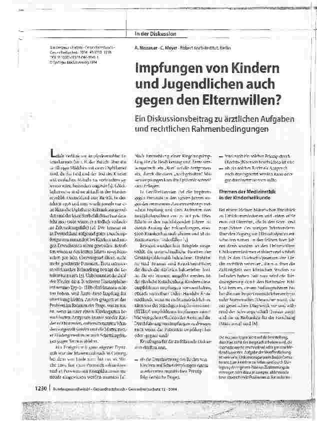 Vorschauseite 1: Impfungen von Kindern und Jugendlichen auch gegen den Elternwillen?