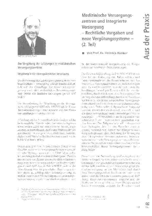 Vorschauseite 1: Medizinische Versorgungszentren und Integrierte Versorgung- Rechtliche Vorgaben und neue Vergütungssysteme -(2. Teil)