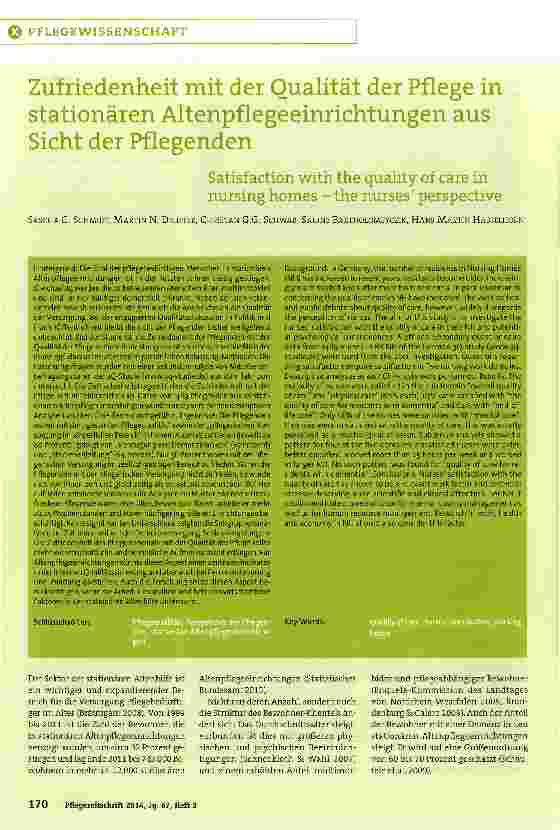 Vorschauseite 1: Zufriedenheit mit der Qualität der Pflege in stationären Altenpflegeeinrichtungen aus Sicht der Pflegenden