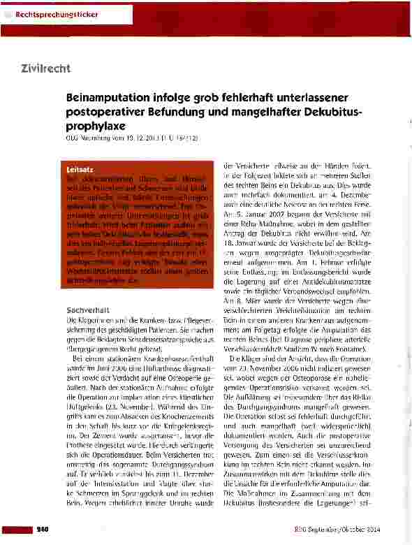 Vorschauseite 1: Beinamputation infolge grob fehlerhaft unterlassener postoperativer Befundung und mangelhafter Dekubitus Prophylaxe OLG Naumburg vom 19.12.2013 (1 U 154/12)