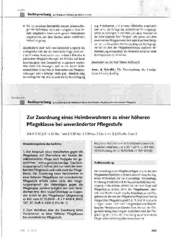 Vorschauseite 1: Zur Zuordnung eines Heimbewohners zu einer höheren Pflegeklasse bei unveränderter Pflegestufe SGB XI § 37, § 41, § 43 Abs. 1 und 2, § 82 Abs. 1, § 84 Abs. 2 Satz 2 und 3, § 87a Ab…