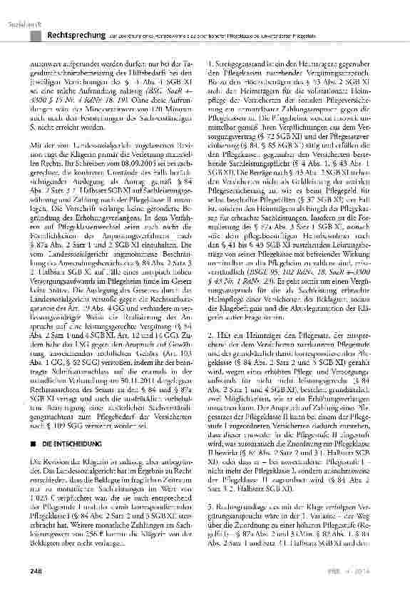 Vorschauseite 4: Zur Zuordnung eines Heimbewohners zu einer höheren Pflegeklasse bei unveränderter Pflegestufe SGB XI § 37, § 41, § 43 Abs. 1 und 2, § 82 Abs. 1, § 84 Abs. 2 Satz 2 und 3, § 87a Ab…