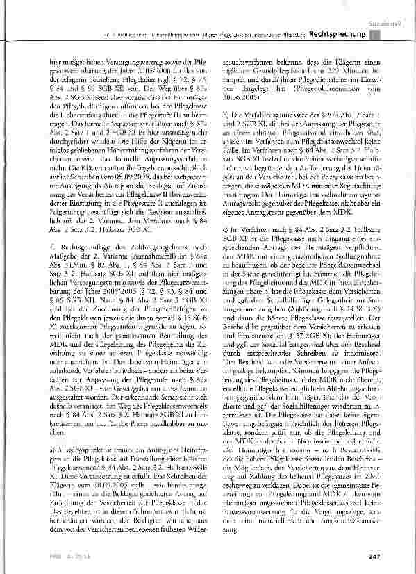 Vorschauseite 5: Zur Zuordnung eines Heimbewohners zu einer höheren Pflegeklasse bei unveränderter Pflegestufe SGB XI § 37, § 41, § 43 Abs. 1 und 2, § 82 Abs. 1, § 84 Abs. 2 Satz 2 und 3, § 87a Ab…