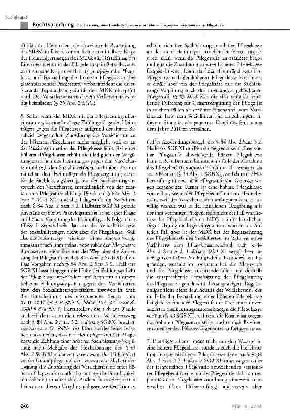 Vorschauseite 6: Zur Zuordnung eines Heimbewohners zu einer höheren Pflegeklasse bei unveränderter Pflegestufe SGB XI § 37, § 41, § 43 Abs. 1 und 2, § 82 Abs. 1, § 84 Abs. 2 Satz 2 und 3, § 87a Ab…