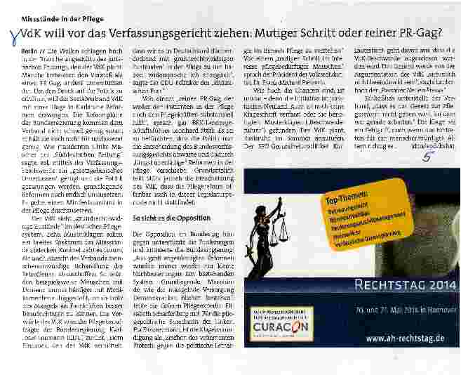 Vorschauseite 1: Missstände in der PflegeVdK will vor das Verfassungsgericht ziehen: Mutiger Schritt oder reiner PR-Gag?