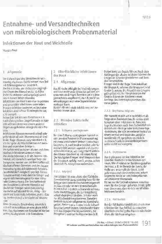 Vorschauseite 1: Entnahmeund Versandtechniken von mikrobiologischem ProbenmaterialInfektionen der Haut und Weichteile