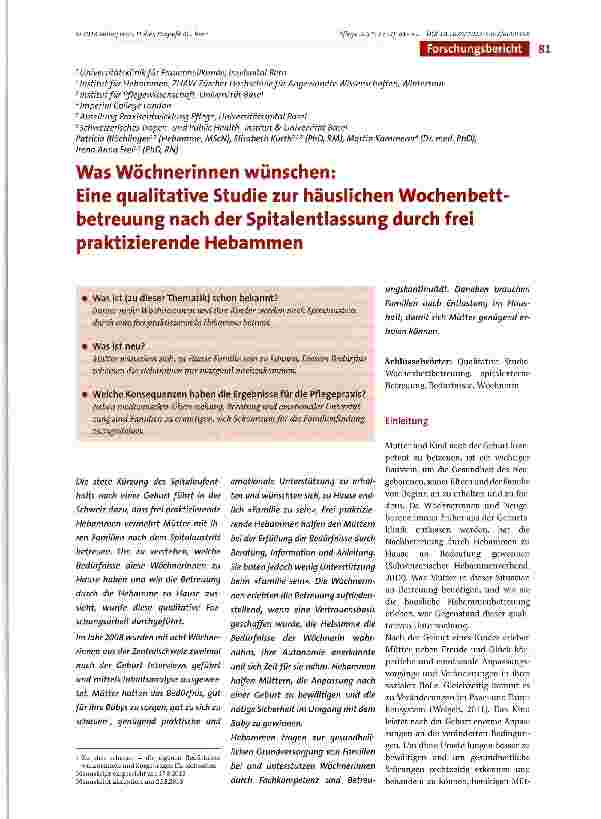 Vorschauseite 1: Was Wöchnerinnen wünschen: Eine qualitative Studie zur häuslichen Wochenbettbetreuung nach der Spitalentlassung durch frei praktizierende Hebammen