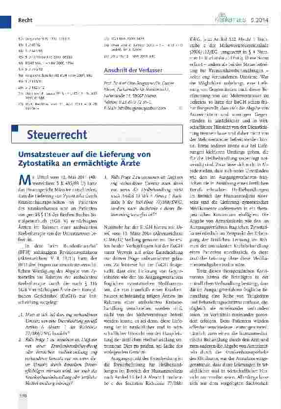 Vorschauseite 1: Umsatzsteuer auf die Lieferung von Zytostatika an ermächtigte Ärzte