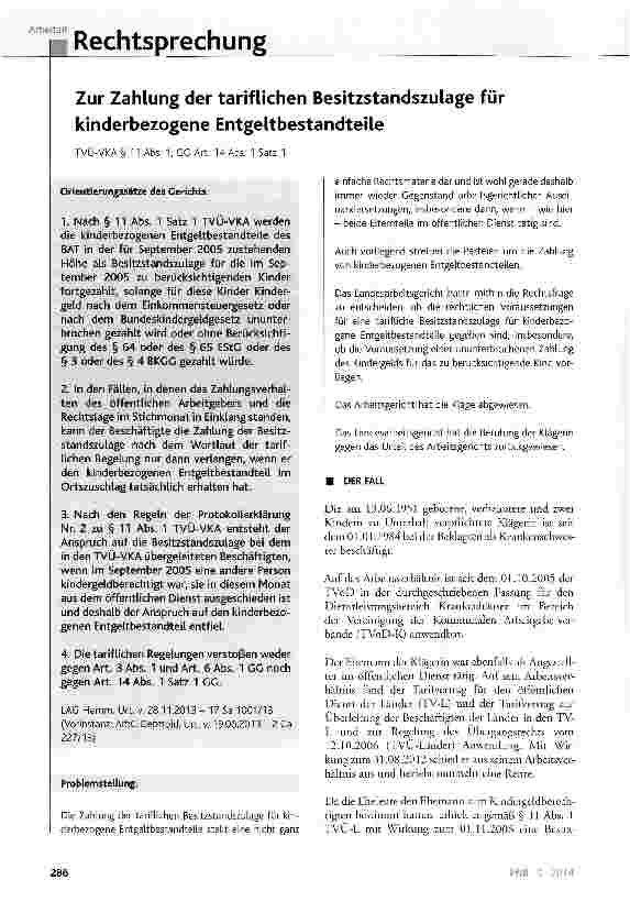 Vorschauseite 1: Zur Zahlung der tariflichen Besitzstandszulage für kinderbezogene EntgeltbestandteileTVÜ-VKA § 11 Abs. 1; GG Art. 14 Abs. 1 Satz 1
