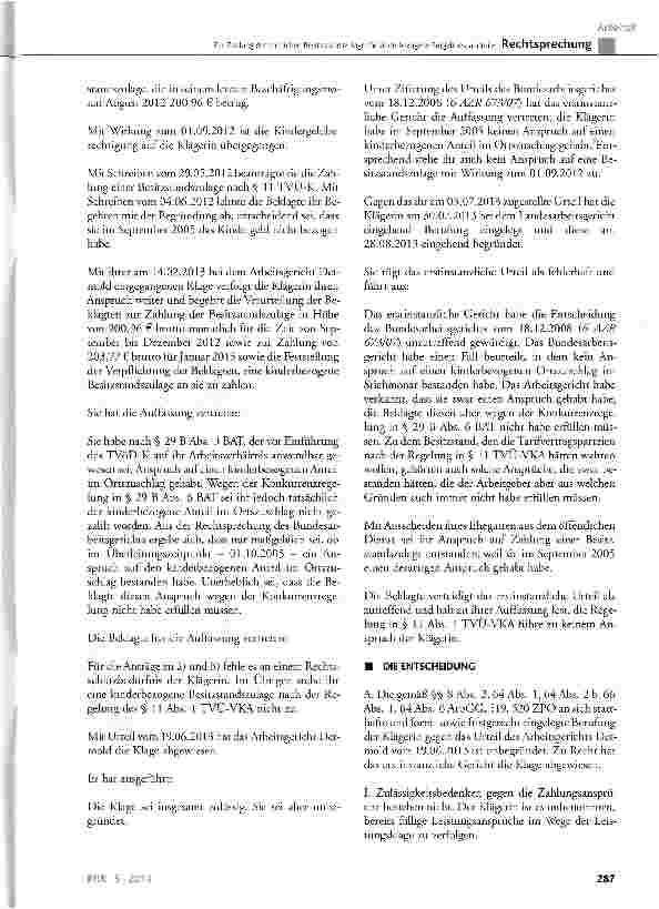 Vorschauseite 2: Zur Zahlung der tariflichen Besitzstandszulage für kinderbezogene EntgeltbestandteileTVÜ-VKA § 11 Abs. 1; GG Art. 14 Abs. 1 Satz 1