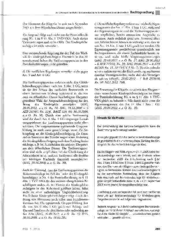 Vorschauseite 4: Zur Zahlung der tariflichen Besitzstandszulage für kinderbezogene EntgeltbestandteileTVÜ-VKA § 11 Abs. 1; GG Art. 14 Abs. 1 Satz 1