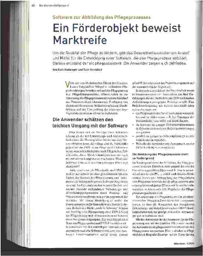 Vorschauseite 1: Ein Förderobjekt beweist MarktreifeSoftware zur Abbildung des Pflegeprozesses