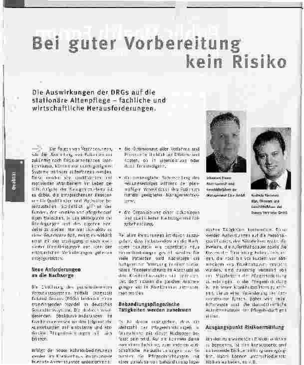 Vorschauseite 1: Bei guter Vorbereitung kein Risiko - Die Auswirkungen der DRGs auf die stationäre Altenpflege - fachliche und wirtschaftliche Herausforderungen.