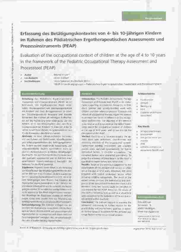 Vorschauseite 1: Erfassung des Betätigungskontextes von 4- bis 10-jährigen Kindern im Rahmen des Pädiatrischen Ergotherapeutischen Assessments und Prozessinstruments (PEAP)