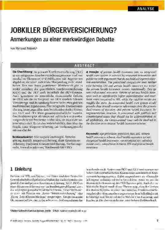 Vorschauseite 1: JOBKILLER BÜRGERVERSICHERUNG? Anmerkungen zu einer merkwürdigen Debatte