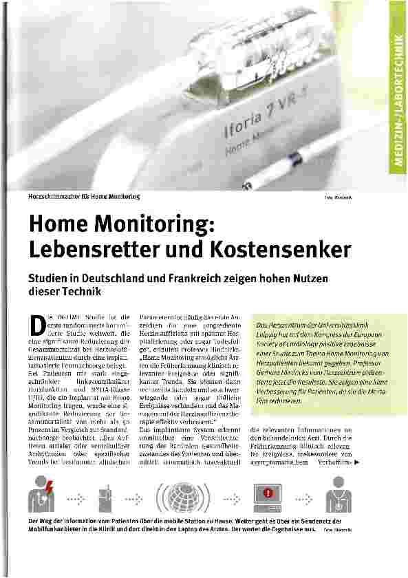Vorschauseite 1: Home Monitoring: Lebensretter und KostensenkerStudien in Deutschland und Frankreich zeigen hohen Nutzen dieser Technik