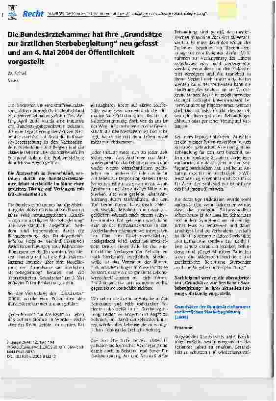 Vorschauseite 1: Die Bundesärztekammer hat ihre Grundsätze zur ärztlichen Sterbebegleitung neu gefasst und am 4. Mai 2004 der Öffentlichkeit vorgestellt