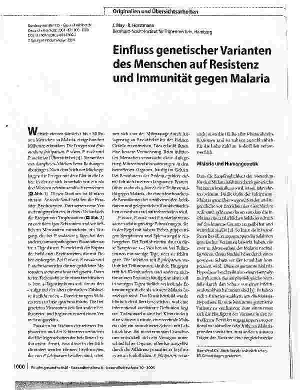 Vorschauseite 1: Einfluss genetischer Varianten des Menschen auf Resistenz und Immunität gegen Malaria